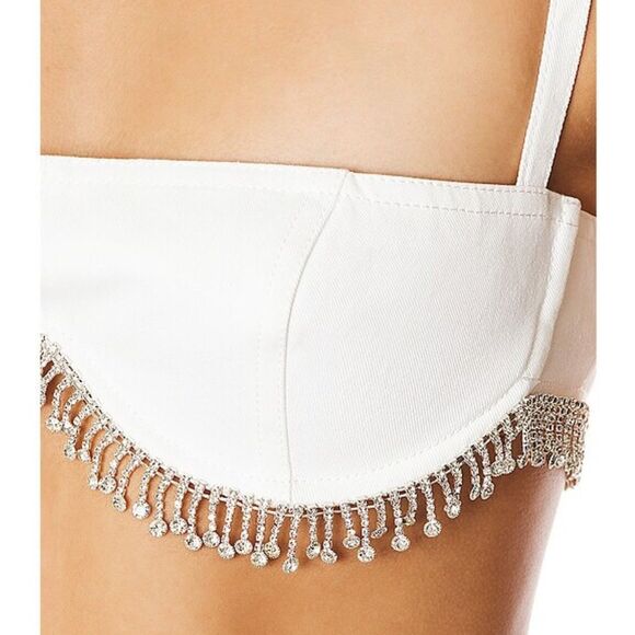 Lovers + Friends Peyton Bra Top White denim rhinestone fringe Revolve S - Picture 3 of 13